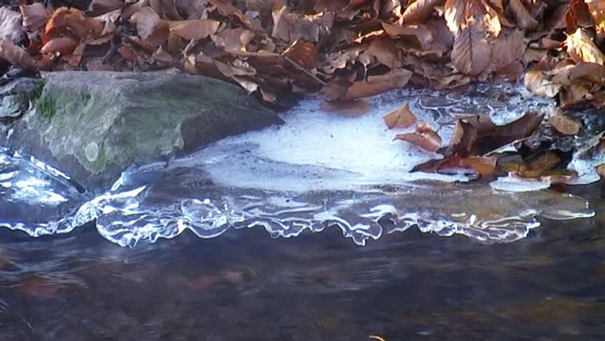 creek, cold, ice, winter, water, plash, ripple, greenery, fall, orange, blue, white