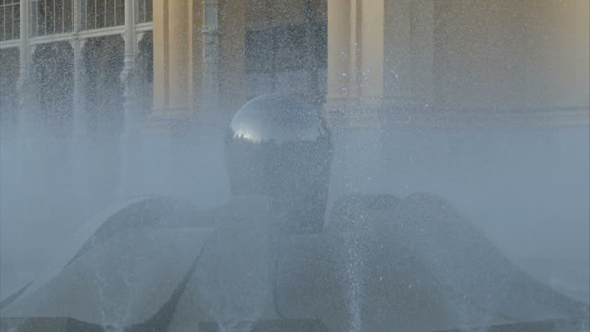 Exterior of pseudo-Baroque cast iron unique City Colonnade in Marianske Lazne (West Bohemia, Czech) with fountain. Zoom out, panning.