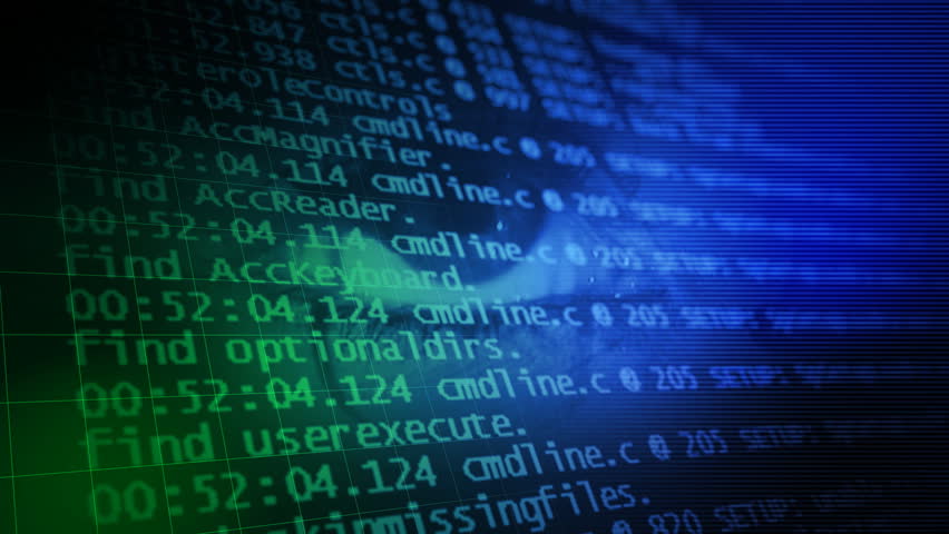 3d animated background with eye and computer listing. Seamless loop.