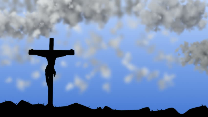 Dark clouds gather above Jesus on a cross A thunder storm with lightning come down from the sky above Jesus Christ hanging from a cross.