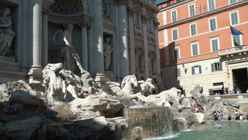The famous Trevi Fountain (Fontana di Trevi) in Rome, designed by Nicola Salvi in Baroque and Rococo fashion. Legend holds that it is lucky to throw three coins into the Trevi Fountain.