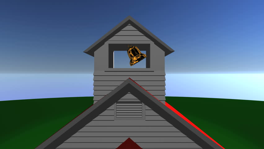 Animation of a one room schoolhouse starting at the school bell and moving down through the front doors, stopping on a key-green "chalkboard,"  ready for customized graphics.