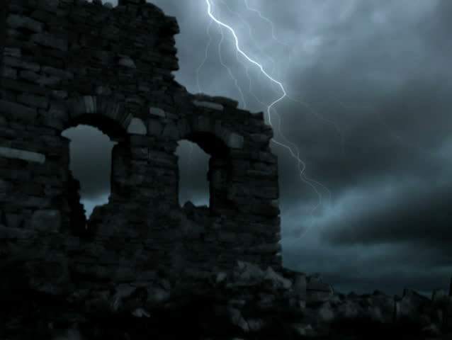 Silhouette of a ruin on a hill with a dark dramatic time lapsed sky as background and with an insane large amount of lightning bolts, variation #1