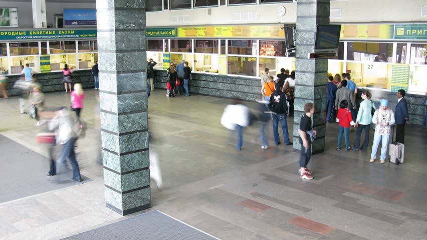 September 2, 2009 Moscow, Russia. Hall at train station, turns in cash desks. At Yaroslavsky station long begins in world Trans-Siberian trunk-railway Moscow Vladivostok in length of 9302 km 