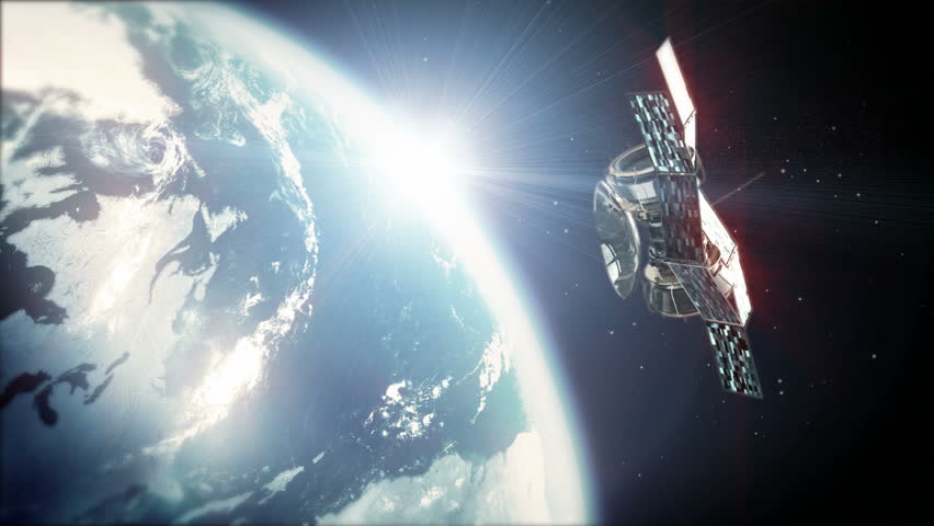 Zoom out from earth to orbit. Flying around the satellite
