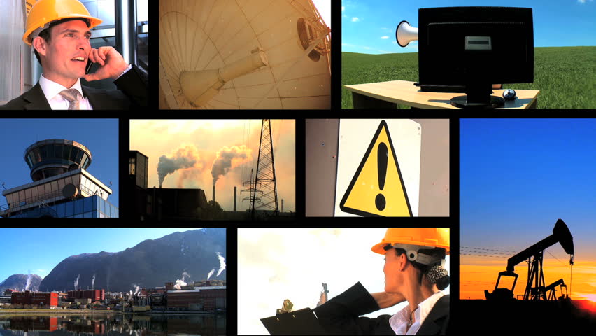 Collection of business people, energy pollutants and renewable energy sources in a montage