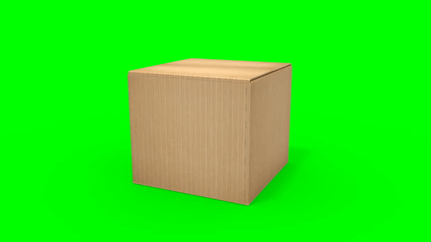 Big cardboard box opening - HD video 1920x1080 from 3d animation. Green screen backdrop for easy compositing into your own shots