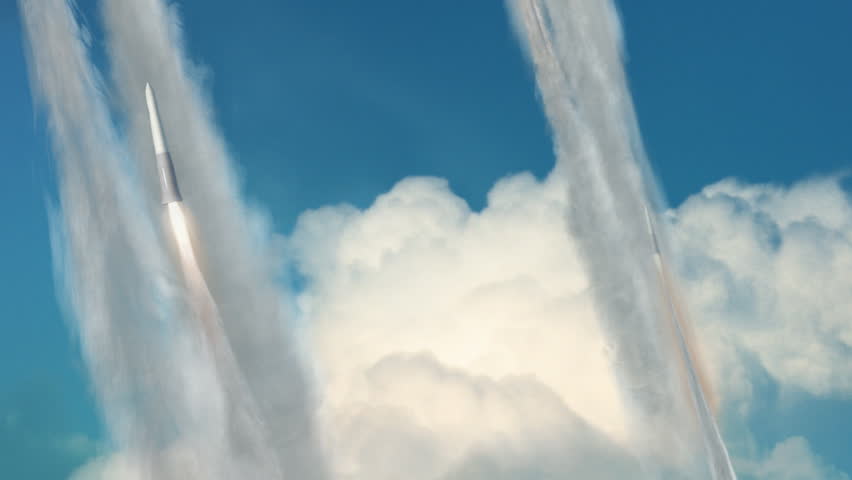Looping animation of a group of missiles being launched and in flight.