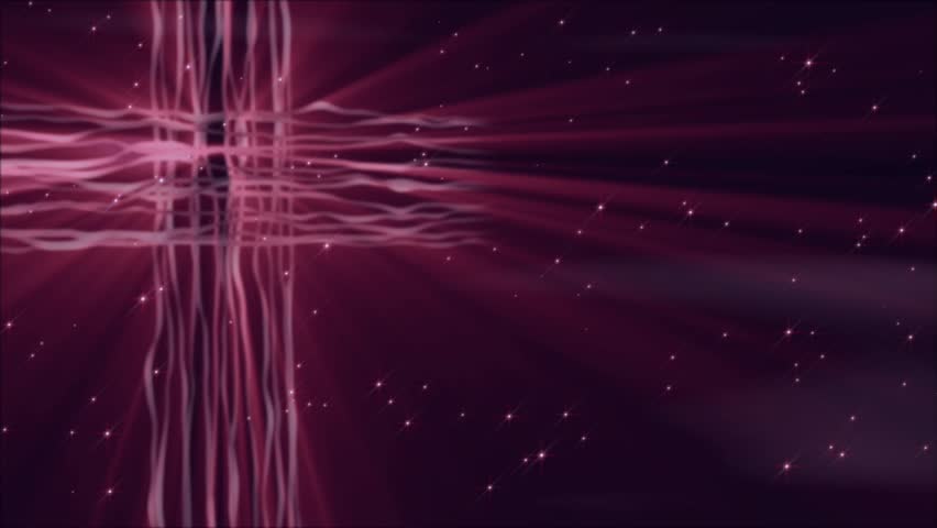 HD Seamless Loop-Maroon-burgundy cross of slowly flowing and glowing lines with light rays and particle emanating forth