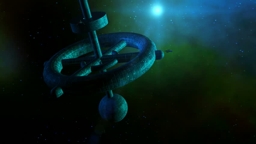 Space Station. Camera flies in towards a large, rotating space station. A couple smaller spaceships fly around the station. A blue sun, nebular gas, and alien world are seen in the background.