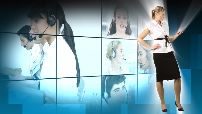 Animation businesswoman presenting business people in a call center