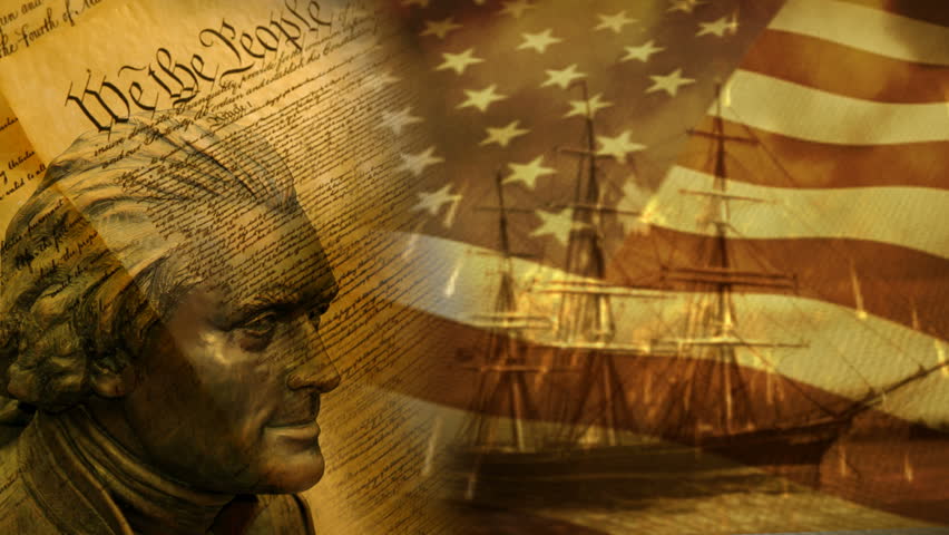 "We the People" background with US flag and old ship.