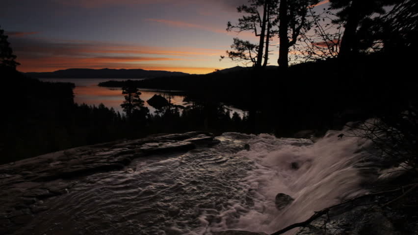 Dawn overlooking Lake Tahoe's Emerald Bay in the background, and the upper portion of Lower Eagle Falls in the foreground; ambient sound included.