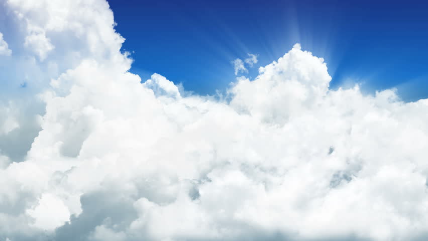 A flight through sunny clouds. Flight through a cloud layer with sun-rays. Shiny effect with rays. Tracking shot. Loop. CG 3D-Animation in HD 1080p.