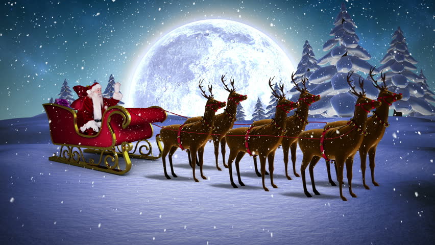 Digital Animation Of Santa Waving In His Sleigh With Reindeer At The North Pole Stock Footage