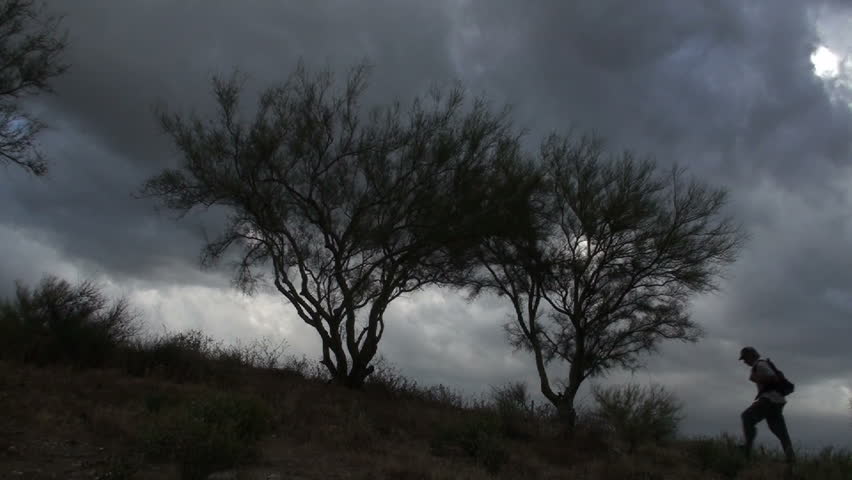 Backpacker strides up a hill adorned with trees, stops to watch impending storm. 1920x1080