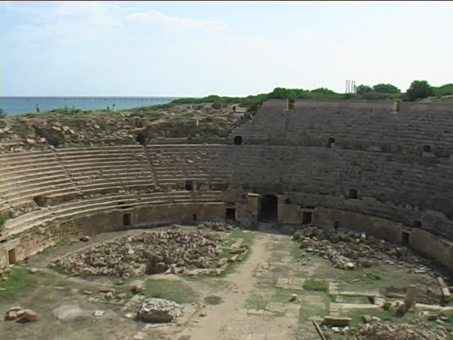 Roman Amphitheater, at Leptis Magna also known as Lectis Magna (or Lepcis Magna . Located at Al Khums, Libya.