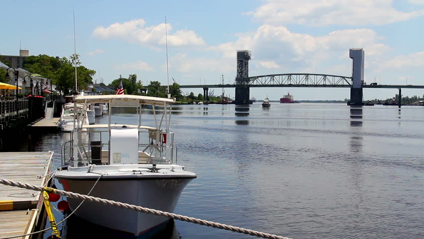 The Cape Fear Memorial drawbridge spanning the Cape Fear River in Wilmington, North Carolina.