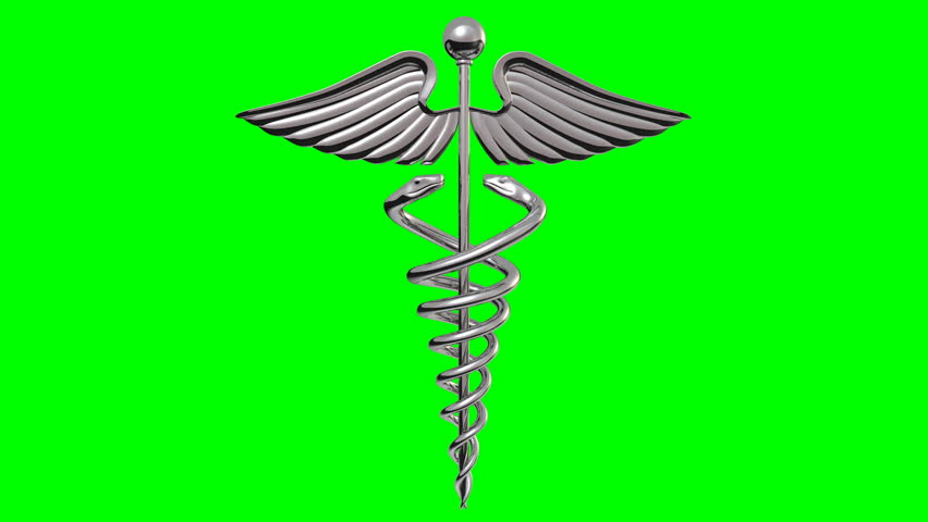(Stock Video 1080 HD.) 16 secs and has a seamless loop if set to repeat. It's a Chrome caduceus Rotating over a green background.