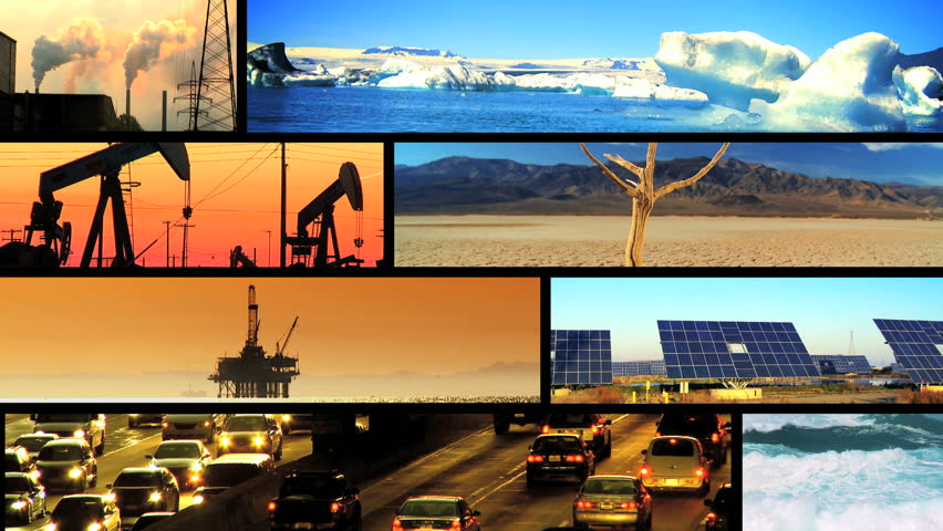 Montage collection showing environmental pollution from fossil fuels & clean renewable energy sources