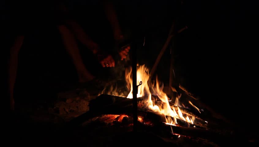 burning fire, night, hands