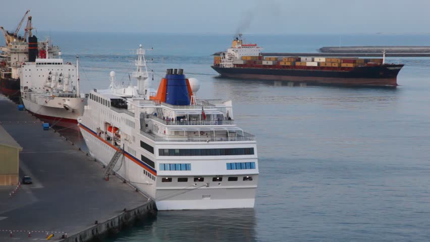 cruise ships and cargo barges in seaport in Abu Dhabi, UAE