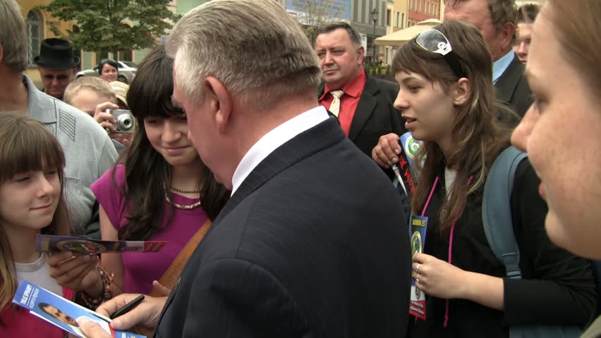 WROCLAW, POLAND - JUNE 02: Andrzej Leper (4th R) Polish former prime minister meets people before elections to the EU parliament, June 02, 2009 in Wroclaw, Poland  