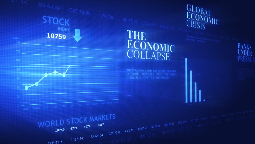World business crisis headlines and charts on futuristic screen in loop