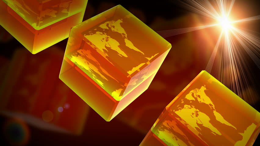 Computer-rendered animation for Geographic TV channel with circling orange crystals. 