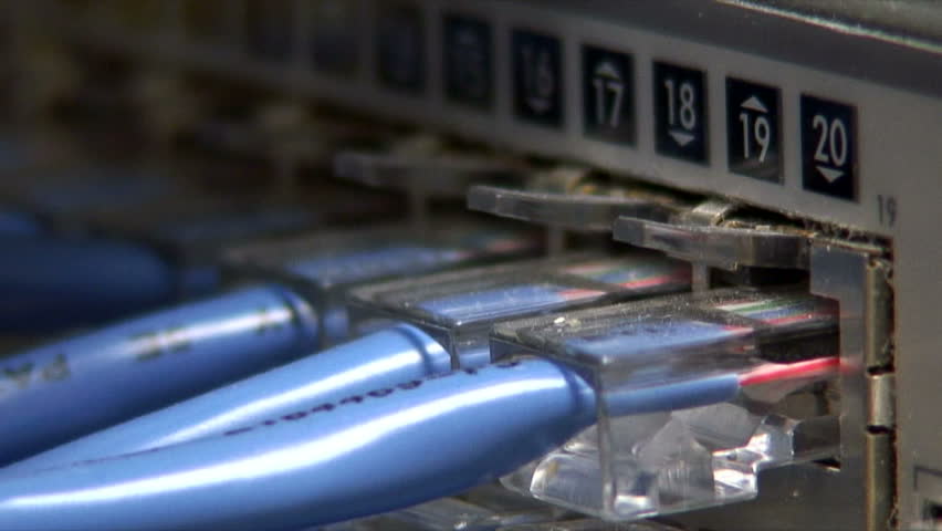 A macro shot of an Ethernet network switch