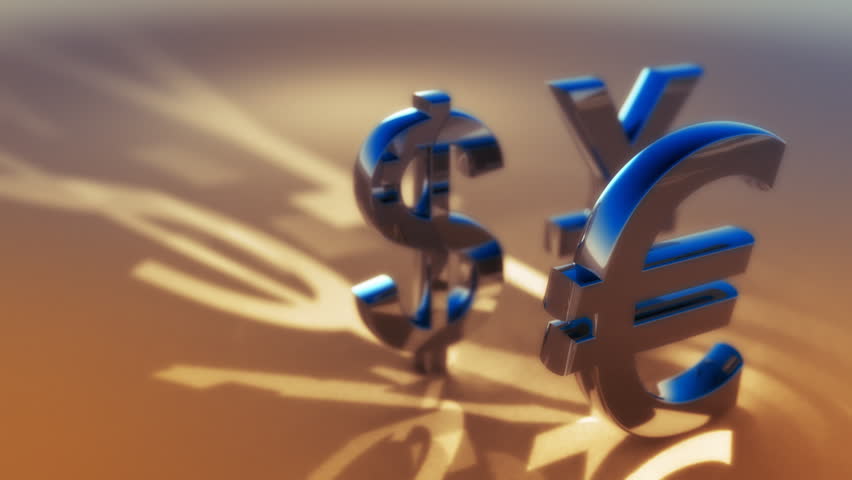 3d animated symbols of main global currency - dollar, euro, yuan. Seamless loop.