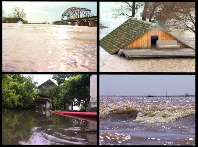 Montage of video clips showing dangerous flood waters arranged in a multi-screen.