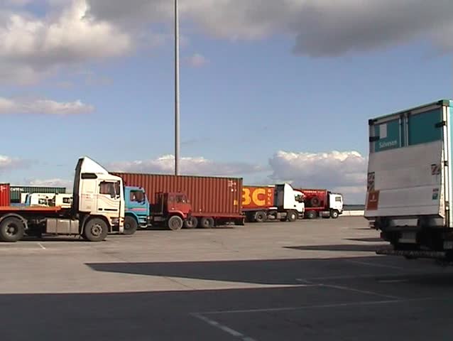 Commercial port with trucks,