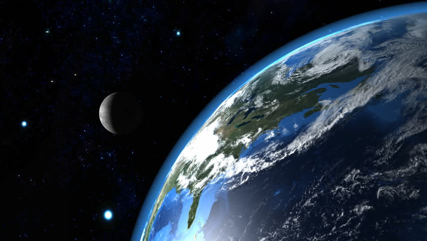 Beautiful photo-realistic Earth With the Moon and starry space  in the Background, Flyby over North America.