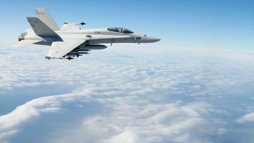 An F18 Fighter Jet flying high above the clouds. (Highly detailed animation of F18 Fighter Jet rendered with Mental Ray).