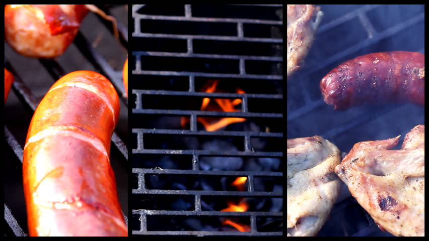 Grilling chicken and sausage, montage 