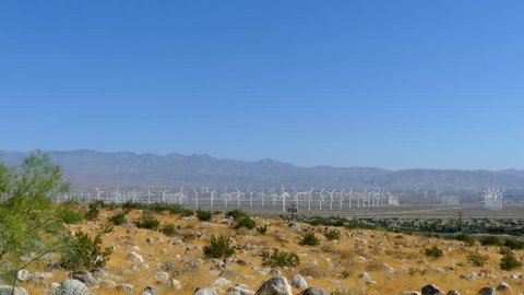 Wind turbines generating electricity at a desert wind farm near Palm Springs, California, USA