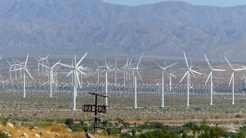 Wind turbines generating electricity at a desert wind farm near Palm Springs, California, USA
