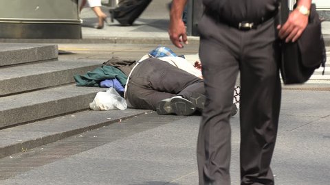 Toronto, Ontario, Canada April 2019 Homeless Person the Streets Of Wealthy Financial District