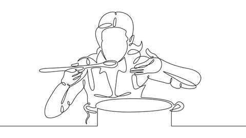 Self Drawing Simple Animation Of Single Continuous One Line Drawing Cooking Food Cook Female Girl Woman Person Chef Kitchen Drawing By Hand Black Lines On A White Background