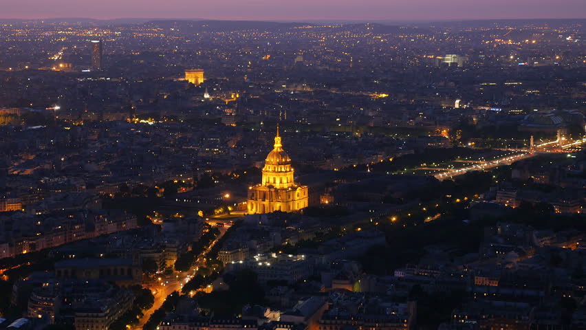 Overview Of Paris At Night Famous Building Les Invalides Lit Up At
