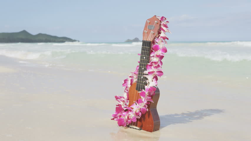 Hawaii Concept With Ukulele And Lei On Beach. Traditional Hawaiian ...