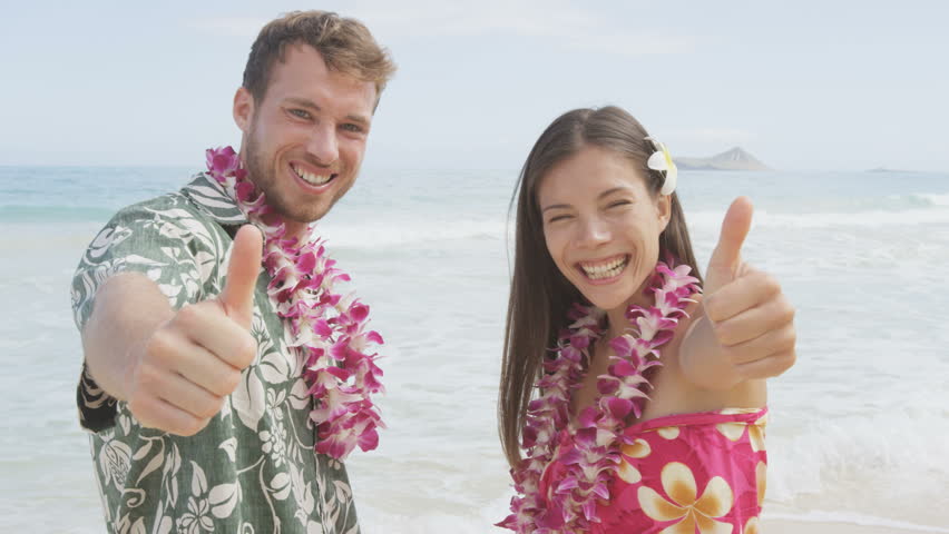 Happy Couple Having Fun Running On Hawaii Beach Vacations In Hawaiian ...