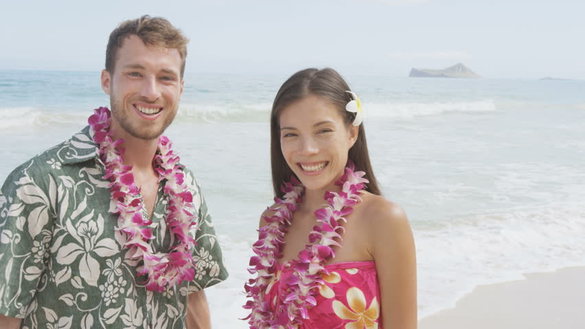 Happy Freedom Couple On Hawaiian Beach Vacations. Full Length People ...