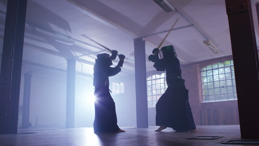 4K Japanese Kendo Fighters With Bamboo Swords Competing In Dark ...