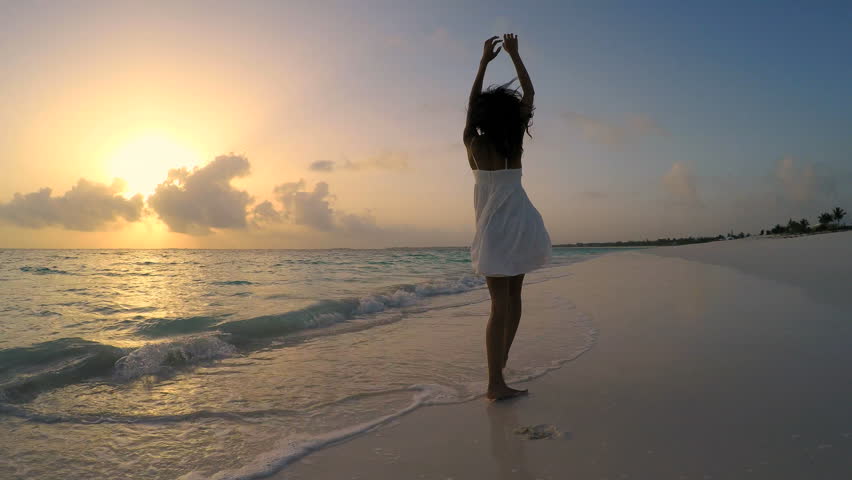 Woman white dress sun setting on beach images Woman white dress sun setting on beach images