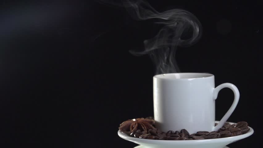 White Cup With Very Much Hot Smoking Black  Coffee  On Dark 