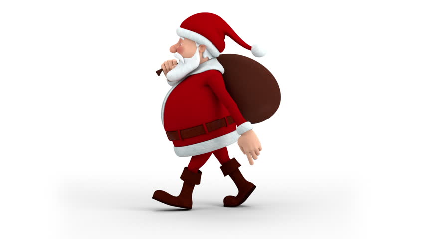 Cartoon Santa Claus With Gift Bag Walking On The Spot - Right Side View