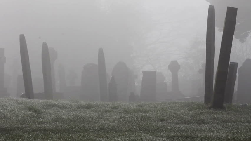 Misty Foggy Spooky Graveyard With Old Tombstones And Grave Headstones ...