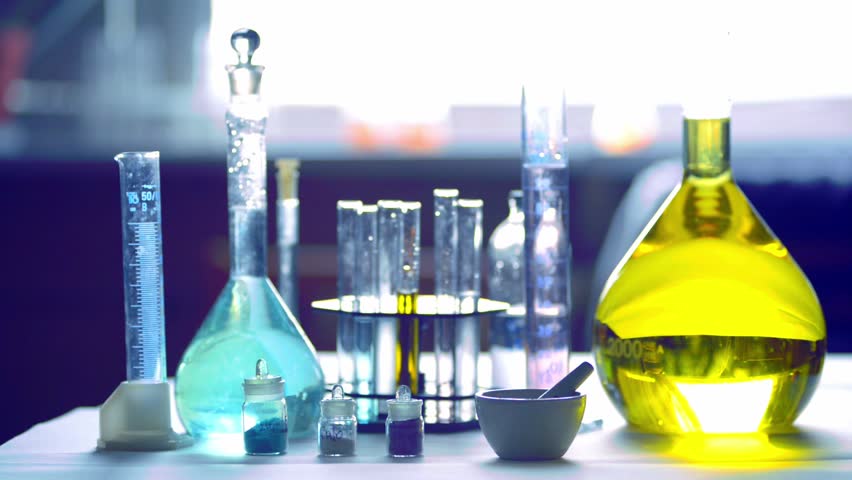 Jars With Chemicals, Beaker, Flasks With Blue And Yellow Reagents, Test ...